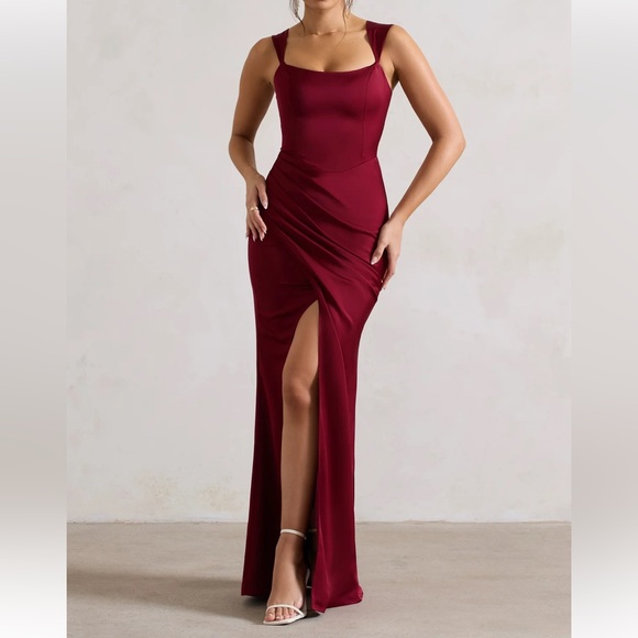 Club L London- Berry Satin Corset Wrap maxi dress - Picture 1 of 6
